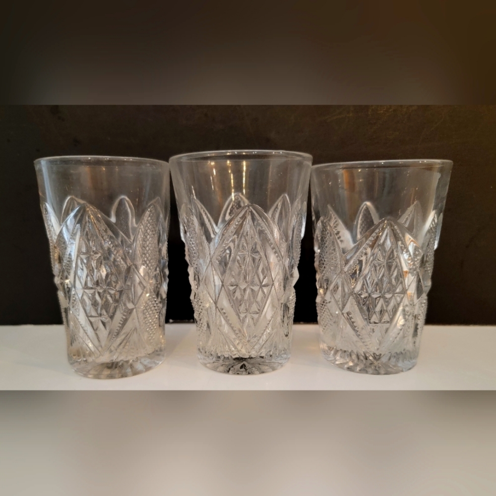 Set  of 3 Early American Prescut Juice Glasses   Antique
